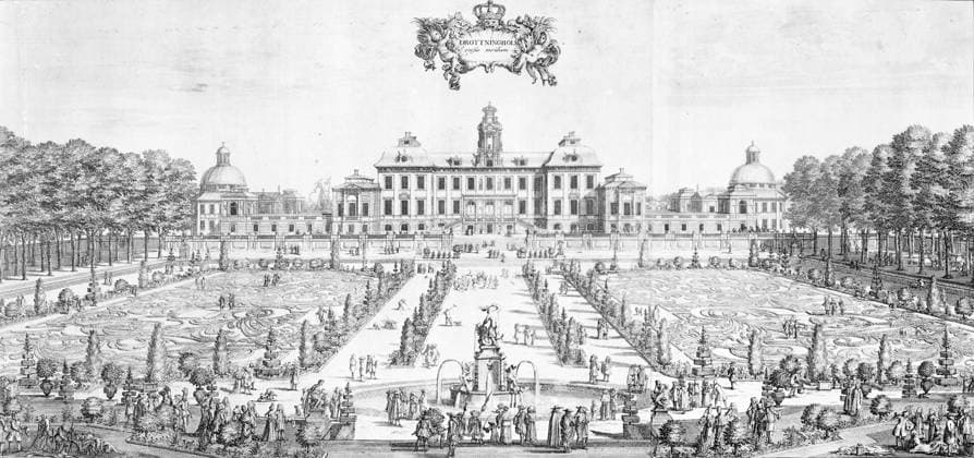 A view of Drottningholm Palace, 1692 (engraving) XJF309898 A view of Drottningholm Palace, 1692 (engraving) by Swedish School, (17th century); Private Collection; (add.info.: designed by the Swedish architect Nicodemus Tessin the Elder (1615-81);). Copyright: xBridgemanxImagesx 309898