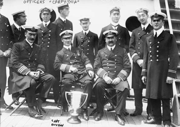 Captain Rostron and officers of the Carpathia, 1912 (b w photo) 3247869 Captain Rostron and officers of the Carpathia, 1912 (b w photo); Private Collection; (add.info.: RMS TITANIC struck an iceberg in April 1912 and sank, killing more than 1,500 people. Survivors were picked up by RMS Carpathia and taken to New York. The survivors awarded bronze medals to the crew members, officers silver and Captain Rostron a silver cup and a gold medal.). Copyright: xBridgemanxImagesx 3247869