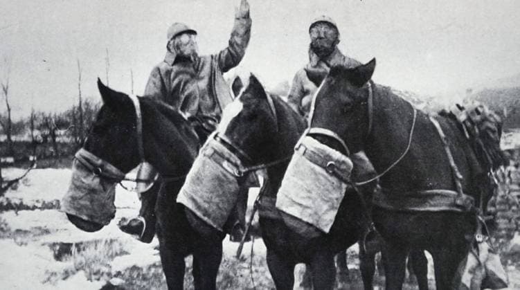 Photograph of soldiers and their horses wearing gas masks during the First World War, Copyright: xUnitedxArchivesx xWorldxHistoryxArchivex WHA_094_0631 !ACHTUNG AUFNAHMEDATUM GESCHÄTZT!