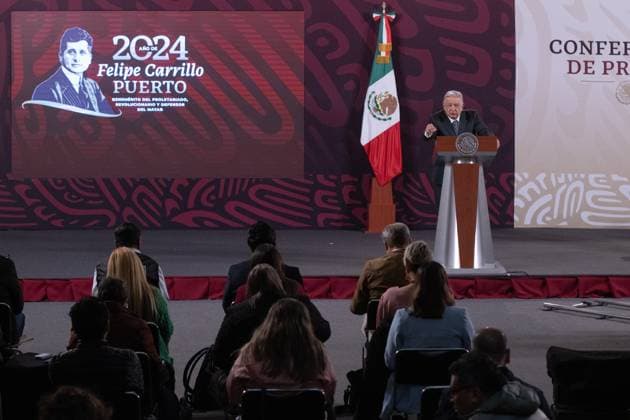 Mexican President News Conference February 9, 2024. Mexico City, Mexico. Mexican President, Andrés Manuel López Obrador, speaks during his usual daily press conference in the treasury room of the National Palace. On february 9, 2024 in Mexico City, Mexico. (Photo by Alex Dalton Eyepix Group) Copyright: xAlexxDalton xEyepixxGroupx AD_09022024_111268