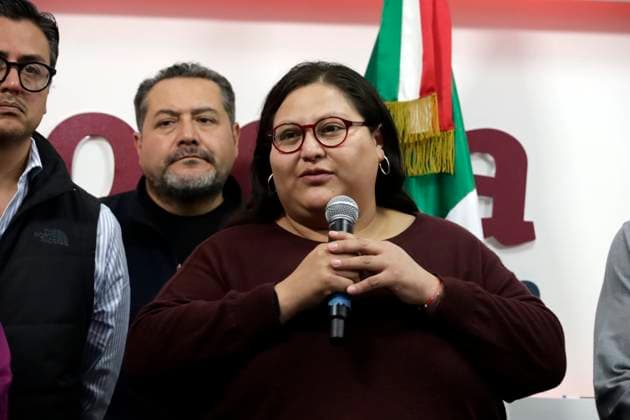 February 10, 2024, Mexico City, Mexico: General secretary of the National Regeneration Movement party (MORENA), Citlalli Hernandez speaks, during a press conference at the party s national headquarters in Mexico City. on February 10, 2024 in Mexico City, Mexico Mexico City Mexico - ZUMAe321 20240210_zia_e321_003 Copyright: xLuisxBarronx