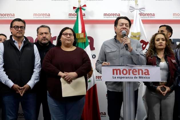 February 10, 2024, Mexico City, Mexico: President of the National Regeneration Movement party (MORENA), Mario Delgado (L) and the general secretary Citlalli Hernandez, during a press conference at the party s national headquarters in Mexico City. on February 10, 2024 in Mexico City, Mexico Mexico City Mexico - ZUMAe321 20240210_zia_e321_004 Copyright: xLuisxBarronx