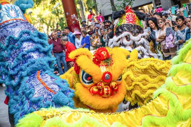 Chinese New Year Of The Wooden Dragon Celebration February 10, 2024, Mexico City, Mexico: Chinese citizens take part during the Lion and dragon dance to celebrate the Chinese New Year at Mexico City Chinatown. Mexico City Mexico Copyright: xEsenioxHernandezxxEyepixxGroupx