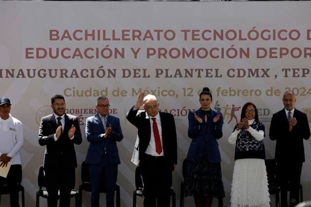 February 12, 2024, Mexico City, Mexico: The president of Mexico, Andres Manuel Lopez Obrador, accompanied by the head of Government of Mexico City, Marti Batres and the Secretary of Public Education, Leticia Ramirez, inaugurated the Technological Baccalaureate of Education and Promotion Sports in the Tepito neighborhood in Mexico City. on February 12, 2024 in Mexico City, Mexico Mexico City Mexico - ZUMAe321 20240212_zia_e321_021 Copyright: xLuisxBarronx