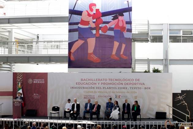 February 12, 2024, Mexico City, Mexico: The president of Mexico, Andres Manuel Lopez Obrador, accompanied by the head of Government of Mexico City Marti Batres and the Secretary of Public Education Leticia Ramirez, during the inauguration of the Technological Baccalaureate of Education and Sports Promotion in the Tepito neighborhood. on February 12, 2024 in Mexico City, Mexico Mexico City Mexico - ZUMAe321 20240212_zia_e321_026 Copyright: xLuisxBarronx
