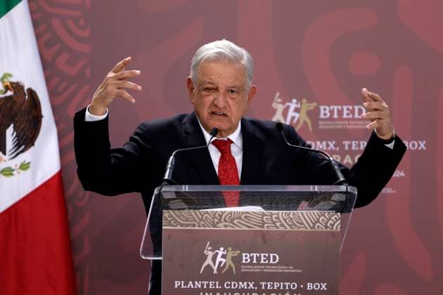 February 12, 2024, Mexico City, Mexico: The President of Mexico, Andres Manuel Lopez Obrador, speaks during the inauguration of the Technological Baccalaureate of Education and Sports Promotion in the Tepito neighborhood. on February 12, 2024 in Mexico City, Mexico Mexico City Mexico - ZUMAe321 20240212_zia_e321_036 Copyright: xLuisxBarronx
