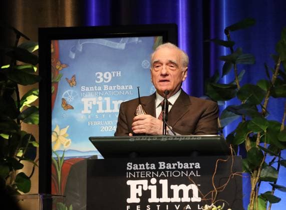 February 12, 2024, Santa Barbara, California, U.S.A: Martin Scorsese holds the trophy upon receiving the 2024 SBIFF Directors of the Year Award on Feb. 12, 2024 at the historic Arlington Theater in Santa Barbara at the renowned Santa Barbara International Film Festival Santa Barbara U.S.A - ZUMAk144 20240212_znp_k144_078 Copyright: xAmyxKatzx