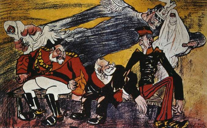 French satirical cartoon 1905 depicting French, German and Spanish rivalry in Morocco. Kaiser Wilhelm II and King Alphonso XIII are shown., Copyright: xUnitedxArchivesx xWorldxHistoryxArchivex WHA_104_0495 !ACHTUNG AUFNAHMEDATUM GESCH TZT!