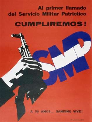 Sandinista National Liberation Front (FSLN) propaganda poster in Nicaragua. The party was named after Augusto CÄ‚ sar Sandino, who led the Nicaraguan resistance against the United States occupation of Nicaragua in the 1930s. The FSLN overthrew Anastasio Somoza in 1979, ending the Somoza dynasty, and established a revolutionary government in its place. Following their seizure of power, the Sandinistas ruled Nicaragua from 1979 to 1990, first as part of a Junta of National Reconstruction., Copyright: xUnitedxArchivesx xWorldxHistoryxArchivex WHA_104_0536 !ACHTUNG AUFNAHMEDATUM GESCH TZT!