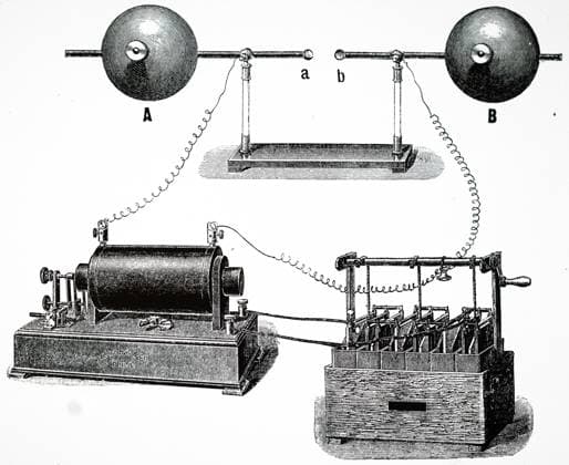 Illustration depicting Heinrich Hertz s experiment on electromagnetic waves: Hertz s oscillator. Terminals of an induction coil (bottom left) were connected to condenser A, B. Initial spark passing between metal balls at centre, A,B, formed a path for subsequent oscillations which were measured. Heinrich Hertz (1857-1894) a German physicist who conclusively proved the existence of the electromagnetic waves theorised by James Clerk Maxwell s electromagnetic theory of light. Dated 20th century, Copyright: xUnitedxArchivesx xWorldxHistoryxArchivex WHA_106_0034 !ACHTUNG AUFNAHMEDATUM GESCH TZT!