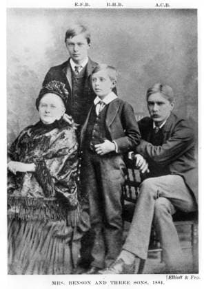 Mrs. Benson and her three sons, 1884 (b w photo) XJF365314 Mrs. Benson and her three sons, 1884 (b w photo) by Elliott & Fry Photography Studio (1863-early 20th century); Private Collection; (add.info.: l-r: Mrs. Mary Sidgwick Benson (1841-1918) Victorian hostess, Edward Frederick Benson (1867-1940) English novelist, Robert Hugh Benson (1871-1914) English priest, Arthur Christopher Benson (1862-1925) English poet and author; their father was Edward White Benson, Archbishop of Canterbury; Robert Hugh Benson left the Church of England to be ordained as a Roman Catholic priest;). Copyright: xBridgemanxImagesx 365314