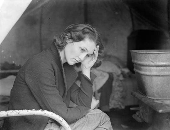 Daughter of migrant Tennessee coal miner living in migrant camp, 1936 (b w photo) 3697040 Daughter of migrant Tennessee coal miner living in migrant camp, 1936 (b w photo) by Lange, Dorothea (1895-1965); Private Collection; (add.info.: Daughter of migrant Tennessee coal miner. Living in American River camp near Sacramento, California). Copyright: xBridgemanxImagesx 3697040