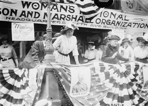 Daisy Harriman addresses a Democratic rally in Union Square, New York City, 1912 (b w photo) 4072610 Daisy Harriman addresses a Democratic rally in Union Square, New York City, 1912 (b w photo) by Bain, George Grantham - Bain News Service (1865-1944); Private Collection; (add.info.: Florence Jaffray Daisy Harriman (1870-1967) American socialite, suffragist, social reformer, organizer, diplomat. In 1912 her active support for the presidential campaign of New Jersey Governor Woodrow Wilson led to national publicity and leadership roles. Elected as the first president of the Women s National Wilson and Marshall Association, she organized mass meetings in support of his campaign.). Copyright: xBridgemanxImagesx 4072610