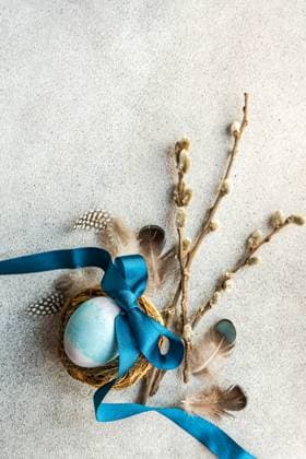 From above of elegant Easter flatlay featuring a blue egg in a nest tied with a ribbon, accompanied by pussy willow branches and feathers on a textured surface Model Released AnnaBogush_ID19161_569977_004 Copyright: xAnnaxBogushx
