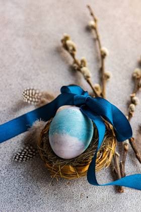 Close up of elegant Easter flatlay featuring a blue egg in a nest tied with a ribbon, accompanied by pussy willow branches and feathers on a textured surface Model Released AnnaBogush_ID19161_569978_005 Copyright: xAnnaxBogushx
