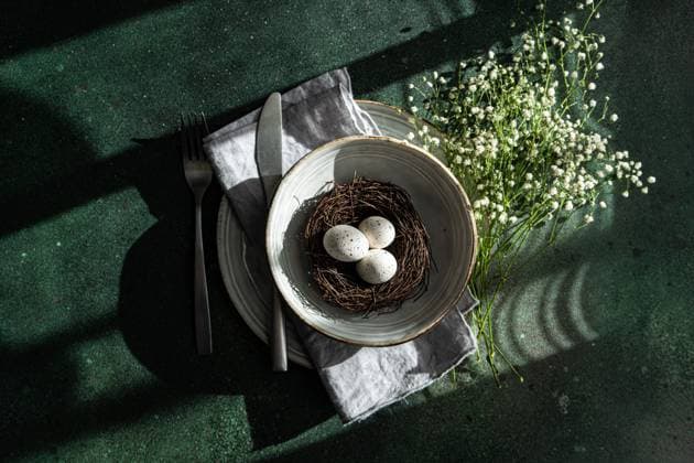 An elegant spring-themed table setting featuring a bird s nest with eggs, surrounded by delicate white flowers on a textured surface Model Released AnnaBogush_ID19409_575261_001 Copyright: xAnnaxBogushx