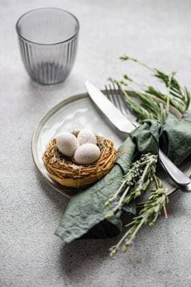 An elegant Easter table setting, featuring a small nest with speckled eggs on a ceramic plate, paired with a green napkin and lavender sprigs Model Released AnnaBogush_ID19528_579172_007 Copyright: xAnnaxBogushx