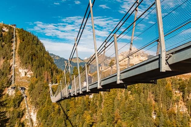 Alpine summer view at the famous Highline 179 suspension bridge and the Ehrenberg castle ruins near Reutte, Tyrol, Austria highline179 AX 061
