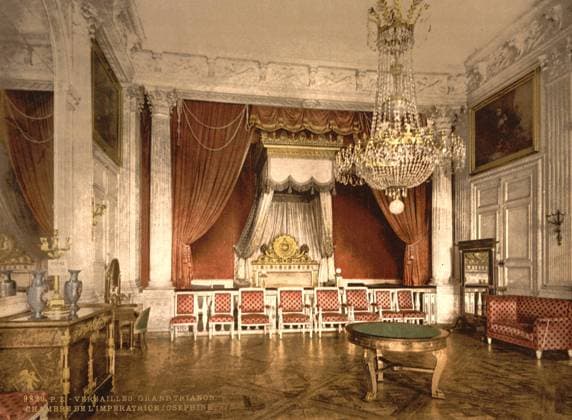 Grand Trianon, chamber of the Empress, Versailles, c.1890-1900 (photochrom) 5242379 Grand Trianon, chamber of the Empress, Versailles, c.1890-1900 (photochrom) by Detroit Publishing Co. (1880-1920); Private Collection; (add.info.: The Grand Trianon built by Jules Hardouin-Mansart in 1687 for Louis XIV whose bedroom this originally was). Copyright: xBridgemanxImagesx 5242379