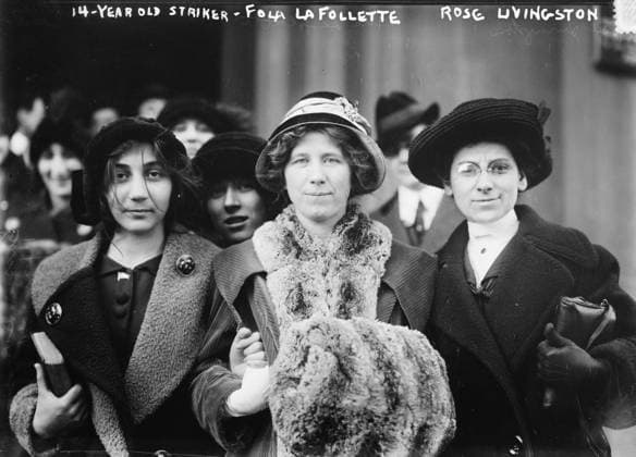 Teenage striker, Fola La Follette and Rose Livingston, 1913 (b w photo) 5848213 Teenage striker, Fola La Follette and Rose Livingston, 1913 (b w photo) by Bain, George Grantham - Bain News Service (1865-1944); Private Collection; (add.info.: American actress, suffragist, and labor leader Flora Dodge Fola La Follette (1882-1970), social reformer and missionary Rose Livingston and a fourteen year old striker during a garment strike in New York City). Copyright: xBridgemanxImagesx 5848213