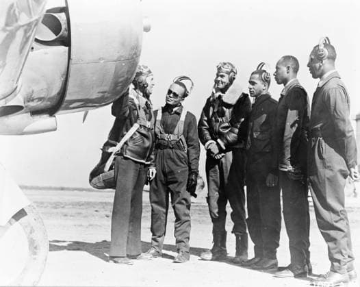 Members of the first group of African American pilots in the history of the U.S. Army Air Corps at Tuskegee, Alabama, 1942 (b w photo) 7214972 Members of the first group of African American pilots in the history of the U.S. Army Air Corps at Tuskegee, Alabama, 1942 (b w photo); Private Collection; (add.info.: Who were graduated at the advanced flying school as second lieutenants by Major General George E. Stratemeyer.). Copyright: xBridgemanxImagesx 7214972