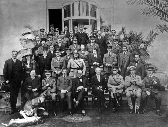 The Cairo Conference, 1921 (b w photo) 829803 The Cairo Conference, 1921 (b w photo); Private Collection; (add.info.: The 1921 Cairo Conference was convened in order to establish a unified British policy for the Middle East, about the future of Iraq; in particular to resolve the conflicting policies defined in the McMahon letters (1915), the Sykes-Picot agreement (1916) and the Balfour Declaration (1917). Winston Churchill, the newly appointed Colonial Secretary, called all the British Military Leaders and civil administrators in the Middle East to a conference at the Semiramis hotel in Cairo to discuss these issues. Gertrude Bell second line left; Percy Wilson of Baghdad; T E Lawrence (of Arabia) 2nd row 4th right; Sir Herbert Samuel.). Copyright: xBridgemanxImagesx 829803