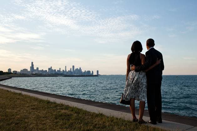 With Michelle in Chicago June 15, 2012. We had just arrived at the helicopter landing zone in Chicago and instead of walking right to the motorcade, the President and First Lady walked past their vehicle to the edge of Lake Michigan to view the skyline of their home town. .Mandatory Credit: Pete Souza - White House via CNP Chicago Illinois United States of America EDITORIAL USE ONLY Copyright: xx P061512PS-0577 PetexSouzax cnpphotos042291