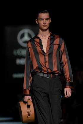 February 15, 2024, Madrid, Spain: A model walks the runway at the Pablo Erroz fashion show during the Mercedes Benz Fashion Week at IFEMA in Madrid. Madrid Spain - ZUMAs197 20240215_aaa_s197_282 Copyright: xGuillermoxGutierrezxCarrascalx
