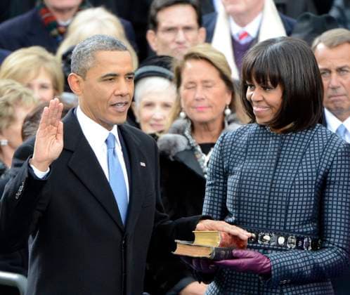 Obama Public Inauguration United States President Barack Obama takes the oath of office during the public swearing-in ceremony at the U.S. Capitol in Washington, D.C. on Monday, January 21, 2013..Credit: Ron Sachs CNP.(RESTRICTION: NO New York or New Jersey Newspapers or newspapers within a 75 mile radius of New York City) Washington District of Columbia United States of America EDITORIAL USE ONLY Copyright: xx _AS00015 RonxSachsx cnpphotos042718