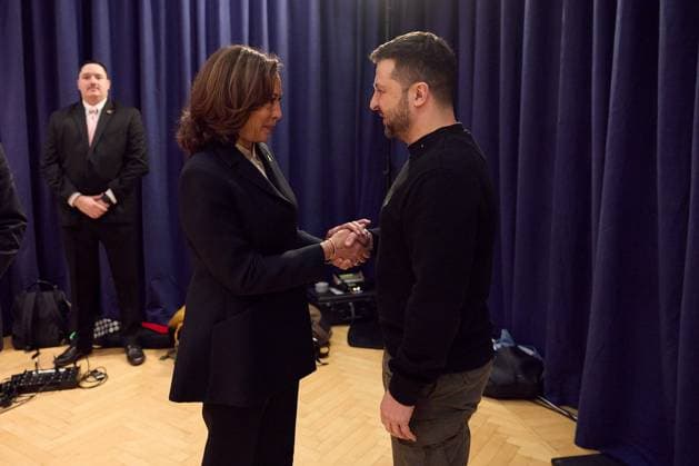 Ukraine s President Volodymyr Zelenskyy meets with Vice President of the United States Kamala Harris at the Munich Security Conference (MSC) in Munich, Germany, on Saturday, February 17, 2024. The two discussed the continued cooperation with the United States and other partners to bolster Ukraine s air defense and ongoing transformation and the preparation of the Global Peace Summit in Switzerland. Photo via Ukrainian Presidential Press Office  WAX2024021706 UKRAINIANxPRESIDENTIALxPRESSxOFF
