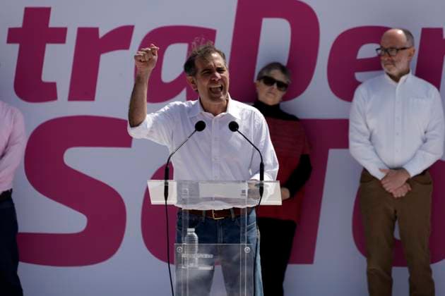 February 18, 2024, Mexico City, Mexico: Lorenzo Cordova Vianello, former president of the National Electoral Institute (INE) speaks during the rally Ã¢â‚¬oeMarch for Our DemocracyÃ¢â‚¬Â at the Mexico City Zocalo. on February 18, 2024 in Mexico City, Mexico Mexico City Mexico - ZUMAe321 20240218_zia_e321_007 Copyright: xLuisxBarronx