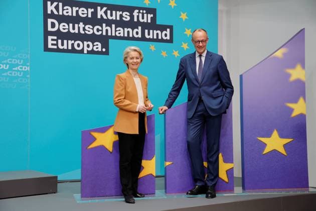 Präsidentin der Europäischen Kommission Ursula von der Leyen, Vorsitzende der CDU Deutschlands Friedrich Merz, MdB, Deutschland, Berlin, CDU Pressekonferenz mit Friedrich Merz und Ursula von der Leyen *** President of the European Commission Ursula von der Leyen, Chairwoman of the CDU Germany Friedrich Merz, Member of the Bundestag, Germany, Berlin, CDU Press conference with Friedrich Merz and Ursula von der Leyen