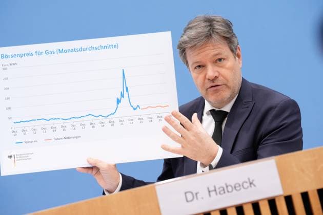 Bilder des Jahres 2024, News 02 Februar News Themen der Woche KW08 News Bilder des Tages Bundespressekonferenz, Vorstellung des Jahreswirtschaftsberichts 2024 Wirtschaftsminister Robert Habeck (Gruene) zeigt ein Schild mit der Entwicklung der Gaspreise an der Boerse bei der Vorstellung des Jahreswirtschaftsberichts 2024 in der Bundespressekonferenz, Berlin , 21.02.2024 *** Federal Press Conference, Presentation of the Annual Economic Report 2024 Economics Minister Robert Habeck Gruene shows a sign with the development of gas prices on the stock exchange at the presentation of the Annual Economic Report 2024 at the Federal Press Conference, Berlin , 21 02 2024