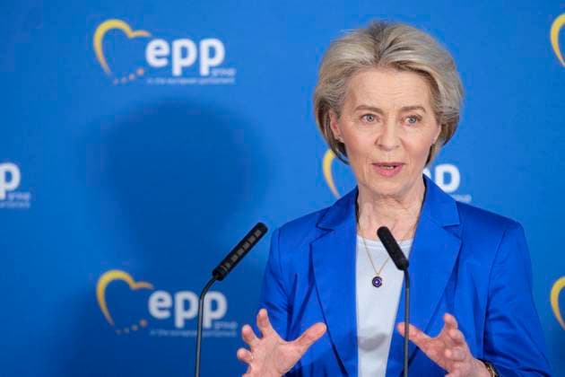 EPP Group Meeting At European Parliament - Brussels Ursula von der Leyen, President of the European Commission, speaks to the media following the meeting of the EPP group, European People s Party, at the European Parliament on February 21, 2024. Photo by Monasse T ANDBZ ABACAPRESS.COM Brussels Belgium  Copyright: xMonassexThierry ANDBZ ABACAx