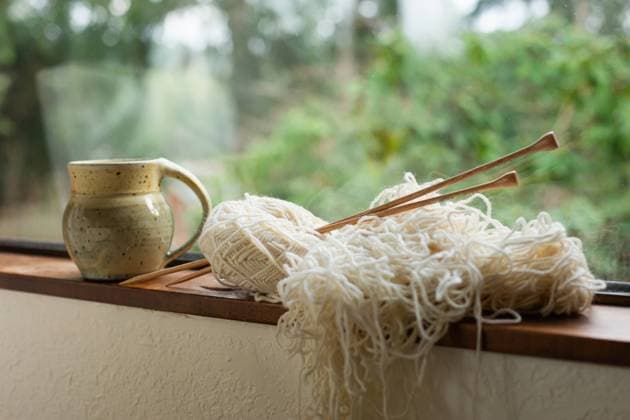 Ivory yarn, knitting needles and mug on windowsill Seattle, Washington, United States R_AAGC240220-1354560-01