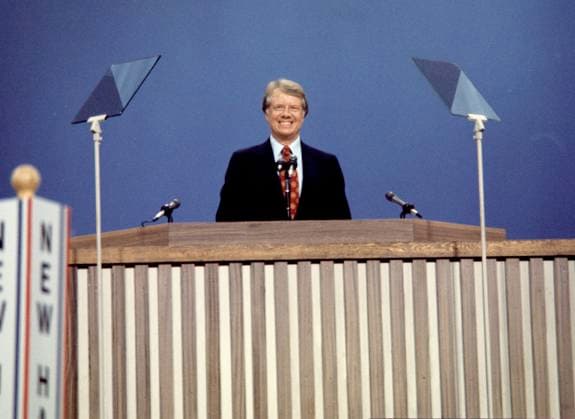 Carter and Mondale Governor Jimmy Carter (Democrat of Georgia), the 1976 Democratic Party nominee for President of the United States, delivers his acceptance speech at the 1976 Democratic Convention at Madison Square Garden, New York, New York on July 15, 1976. Credit: Arnie Sachs CNP New York New York United States of America EDITORIAL USE ONLY Copyright: xx ArniexSachsx cnpphotos056812