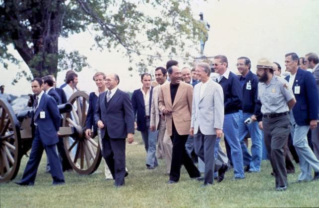 Egypt - Israel Summit at Camp David United States President Jimmy Carter, right, President Anwar Sadat of Egypt, center, and Prime Minister Menachem Begin of Israel, left, tour the U.S. Civil War battlefield in Gettysburg, Pennsylvania accompanied by members of their respective delegations during a break in the Camp David Summit on September 10, 1978. Boutros Boutros-Ghali died at age 93 on February 16, 2016. Credit: Benjamin E. Gene Forte - CNP Gettysburg Pennsylvania United States of America EDITORIAL USE ONLY Copyright: xx BenjaminxE.x Gene xFortex cnpphotos057674