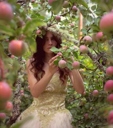 Creative Highlights Symbolbilder Woman in gown picking apple from tree Bellingham, Washington, United States R_REBE240218-1350907-01 ,model released, Symbolfoto
