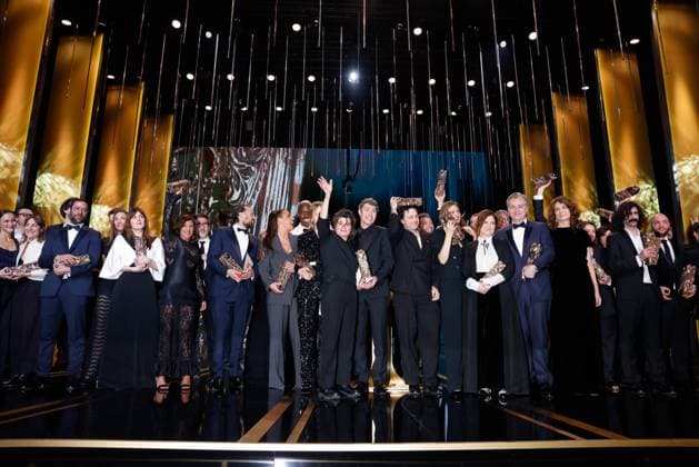49eme ceremonie des CESAR. Salle. 49th Cesar Ceremony. Stage. index final finale sur scene photo de famille 302014 2024-02-24 Paris France Triet, Justine; Nolan, Christopher; Harari, Arthur; Jaoui, Agnes; Lemercier, ValÃ rie; Exarchopoulos, Adele  Copyright: xRomualdxMeigneuxx xStarfacex STAR_302014_198