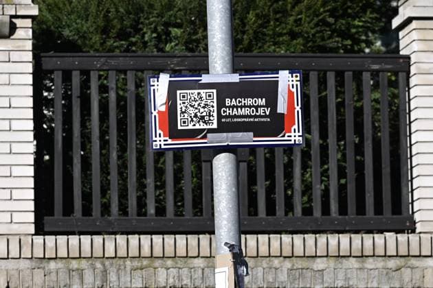 A sign commemorating human rights activist Bakhrom Khamroev, who was sentenced to 13 years and 9 months in prison and is being held in a penal colony, Prague, Czech Republic, February 24, 2024. Someone pasted the names of Russian political prisoners on the signs marking Ruska (Russian) Street in Prague, Czech Republic, February 24, 2024. The message commemorated the second anniversary of the Russian aggression against Ukraine. The signs with the names of the Russian political prisoners are accompanied by a QR link to the Memorial s website, which contains their biographies. (CTKxPhoto KaterinaxSulova) CTKPhotoP2024022403333  CTKPhotoP2024022403333