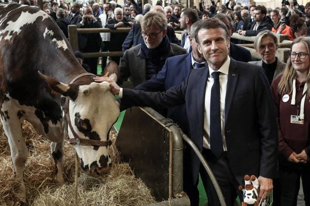 Bilder des Jahres 2024, News 02 Februar News Themen der Woche KW08 News Bilder des Tages Emmanuel Macron At The Agricultural Fair - Paris French President Emmanuel Macron with the fair s mascot, Oreillette, during the inaugural visit to the 60th edition of the International Agricultural Fair (SIA) at the Porte de Versailles, in Paris, France, on February 24, 2024. Photo by Stephane Lemouton Pool ABACAPRESS.COM Paris France  Copyright: xPool ABACAx