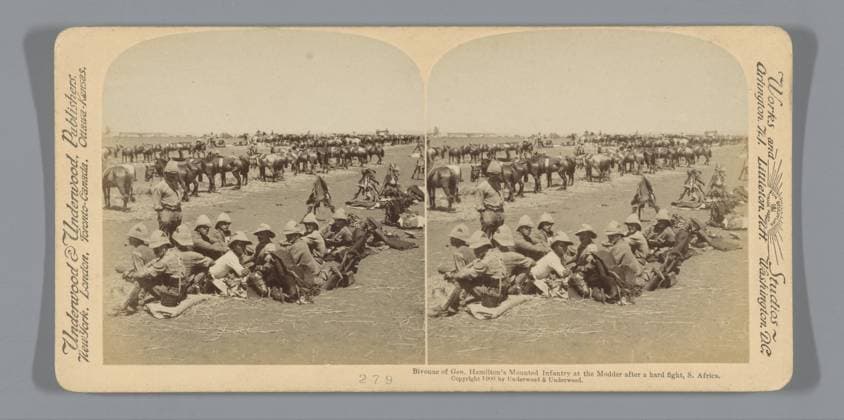 RECORD DATE NOT STATED British soldiers rest after a fight with the mud river, South Africa, Anonymous, 1900 stereograph Modderrivierpublisher: New York (city) (possibly) cardboard. paper albumen print the soldier off duty. resting - BB - out of doors. after the battle Modder River Copyright: xpiemagsx rknbpie11012024-30935 !ACHTUNG AUFNAHMEDATUM GESCHÄTZT!