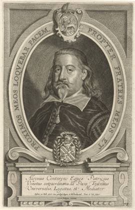 RECORD DATE NOT STATED Portrait of Aloysius Contareno, Pieter de Jews (II), After Anselm of them, 1648 print BostePortret of Aloysius Contareno, Venetian diplomat. Bottom right: 78. The portrait is caught in an oval frame with the coat of arms of the portrayed person and an edge in Latin. In the context of a three -faced caption in Latin. Print from a series of portraits to paintings by Anselmus van Hulle of all delegates at the peace negotiations in Münster and Osnabrück. Antwerp paper etching engraving Copyright: xpiemagsx rknbpie14012024-24501 !ACHTUNG AUFNAHMEDATUM GESCHÄTZT!