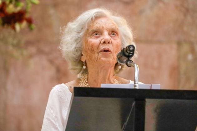Posthumous Tribute For The writer Jose Agustin Ramirez February 25, 2024, Mexico City, Mexico: Writer and novelist Elena Poniatowska speaks during the posthumous tribute for the novelist Jose Agustin Ramirez at the Palace of Fine Arts in Mexico City. Mexico City CDMX Mexico Copyright: xLuisxBarronxxxEyepixxGroupx