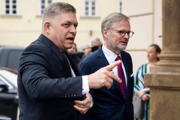 Czech Prime Minister Petr Fiala (right) and Slovak PM Robert Fico (left) are seen during the meeting of PM s from Visegrad Four (V4) countries, in Prague, Czech Republic, on February 27, 2024. (CTKxPhoto OndrejxDeml) CTKPhotoP2024022703891  CTKPhotoP2024022703891
