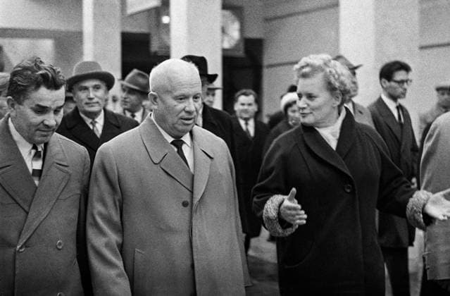Moscow, USSR. Head of the Moscow Metro State Construction Department (Moscow Metrostroy) Vasily Polezhaev, First Secretary of the CPSU Central Committee, Chairman of the USSR Council of Ministers Nikita Khrushchev, Deputy Head of Moscow Metrostroy Tatyana Fyodorova (L-R front) and Second Secretary of the CPSU Central Committee Frol Kozlov (L-R back) inspect the Akademicheskaya station during the opening ceremony of the new Kaluzhskaya line of the Lenin Moscow Metro. The highest quality available. Leonid Velikzhanin, Valentin Sobolev TASS  67329373