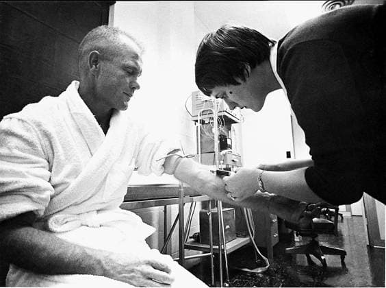 Glenn Blood Test Mercury astronaut John H. Glenn Jr. has a blood sample taken by Astronaut Nurse Delores B. O Hara, R.N., in the Aeromedical Laboratory at Cape Canaveral, Florida on July 5, 1961. .Credit: NASA via CNP Cape Canaveral Florida United States of America EDITORIAL USE ONLY Copyright: xx NASAx cnpphotos064319