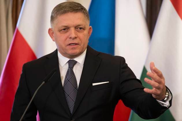 Slovak Prime Minister Robert Fico speaks during the press conference after meeting with other PM s from Visegrad Four (V4) countries, in Prague, Czech Republic, on February 27, 2024. (CTKxPhoto OndrejxDeml) CTKPhotoP2024022704878  CTKPhotoP2024022704878