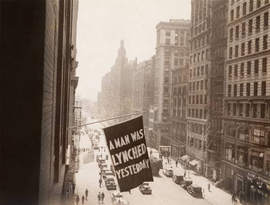 Flag, announcing lynching, flown from window of NAACP headquarters, 69 Fifth Avenue, New York City, New York, USA, Unidentified Artist, NAACP Records, 1936 Flag, announcing lynching, flown from window of NAACP headquarters, 69 Fifth Avenue, New York City, New York, USA, Unidentified Artist, NAACP Records, 1936. Copyright: 1010_05_ghi-circa12196