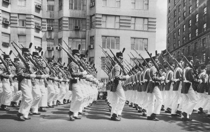 Soldiers in uniform marching in parade, New York City, New York, USA, Angelo Rizzuto, Anthony Angel Collection, May 1959 Soldiers in uniform marching in parade, New York City, New York, USA, Angelo Rizzuto, Anthony Angel Collection, May 1959. Copyright: 1010_05_ghi-circa12202